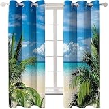 Homxi Cortinas Blackout para Salón 2 Paneles,2 x 107W x 160H CM,Cortina de Balcón con Ojales Paisaje de Hojas de Palma Playa Cortina Verde Azul Salón