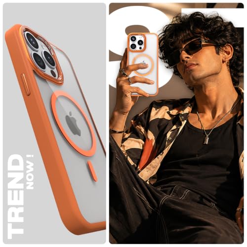 Image of Pikkme Back Cover for iPhone 15 Pro Max | Shockproof | Mag-Safe Compatible | Hard Transparent Back | Premium Raised Camera Protection | Bumper Case (Orange Mag-Safe)