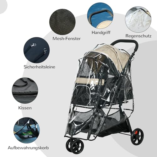 PawHut Hundewagen 2 in 1 Hundebuggy klappbar für Hunde & Katzen bis 10 kg Katzenbuggy mit Kissen Netzfenstern Türen Aufbewahrungskorb Katzenwagen Buggy Khaki