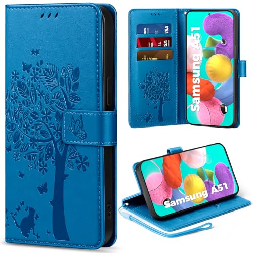 EASDNB Handyhülle für Samsung Galaxy A51 Hülle Flip Lederhülle Wallet Case mit [3 Kartenfächer] [Magnet] [Ständer] Premium Leder Prägung Schutzhülle Klapphülle für Samsung Galaxy A51 Blau