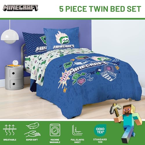 Image of Minecraft Creeper Twin Comforter Set 5 Piece Kids Bedding for Girls, Blue | Gaming, Bed in a Bag, Comforter Sheets Sham Pillowcase, Official Product, Soft Microfiber, Machine Washable, Girls Gift