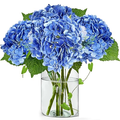 Nvzi 3 hortensias artificiales de 21 pulgadas, grandes, naturales, realistas, de tacto real (azul rey)