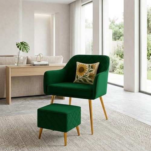 Image of Velvet Accent Chair with Pouffe & Floral Cushion | Modern Upholstered Armchair with Gold Metal Legs | Comfortable Lounge Chair for Living Room, Bedroom, Office (Green)