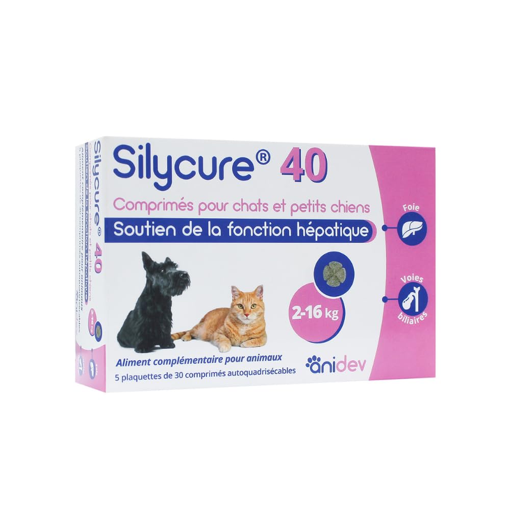 Anidev Silycure 40 - Complément Soutient Hépatique Chien Chat - 150 CP | Aliment Complémentaire - Formule d'Origine Naturelle Silybine Chardon Marie - Idéal Petit Chien & Chat -Cp Sécables Appétents