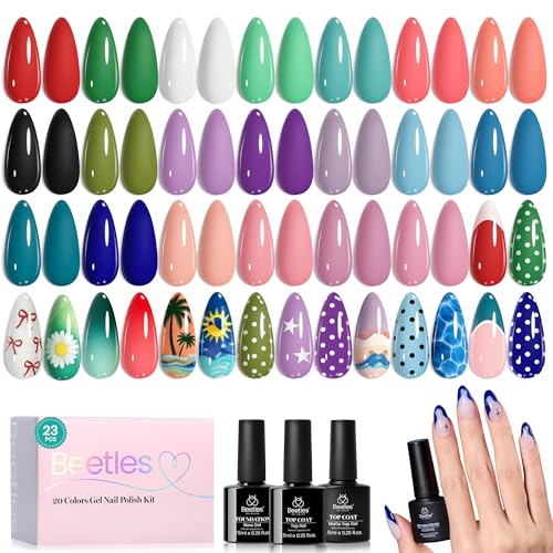Beetles Summer Gel Polish Set - 20 Colors Red Green White Black Nude Summer Gel Nail Polish with Base Top Coat Trendy Colors Uv LED Lamp Salon DIY at Home Nails Gifts for Women Vibrant Subtle