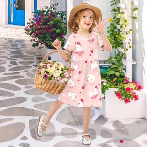 Pink Chicken Cherry Little Girls Short Sleeve Dress Casual Summer Party Skater Dresses for Kids 2-8T3