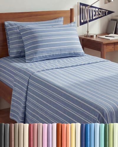 Image of Twin XL 4 Piece Sheet Set - College Dorm Room Essentials - Blue Stripes | Ultra Soft Dorm Bedding Set, 8 inch to 16 inch Inch Deep Pockets, 1 Flat & 1 Fitted Sheet & 2 Pillowcases, Wrinkle & Fade Free