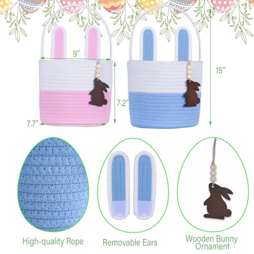 Image of Easter Basket Empty 2 PCS Bunny Woven Rope Easter Baskets for Kids Easter Hunt Baskets with Handle Bags Easter Gifts for Kids Toddlers Girls Boys Teens Set of 2 Blue and Pink