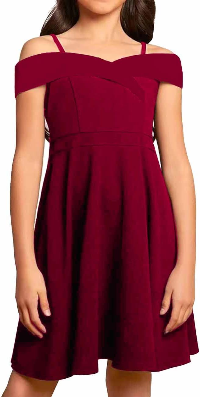 Girls Elegant Princess Cold Shoulder Fold Pleated High Waist Flared A Line Party Dresses,8-14 Years - Image 2