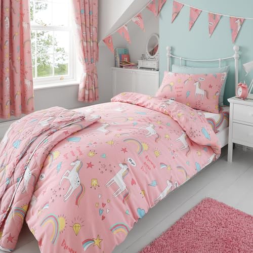Happy Linen Company Girls Kids Unicorns Rainbows Pink Double Reversible Duvet Cover Bedding Set