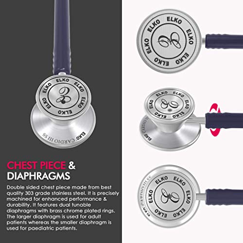 Image of ELKO EL-060 CARDIO III SS Stainless Steel Acoustic Stethoscope | Two-Way PVC Tubing | Double Sided Chestpiece For Adult & Pediatric Patient | Doctors & Medical Students (Blue)