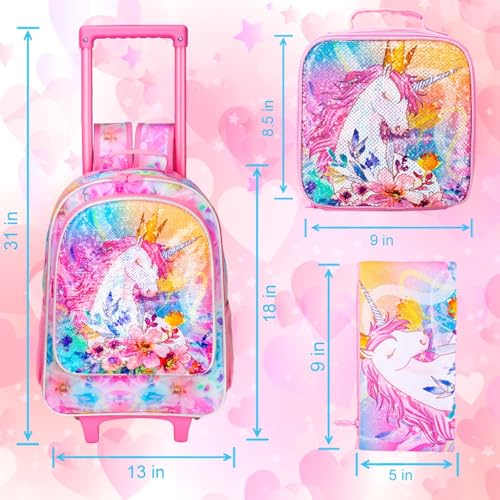 CCJPX 3PCS Kids Rolling Backpack for Girls, Unicorn Sequin Roller Wheeled Bookbag Toddler Elementary School Bag with Wheels2