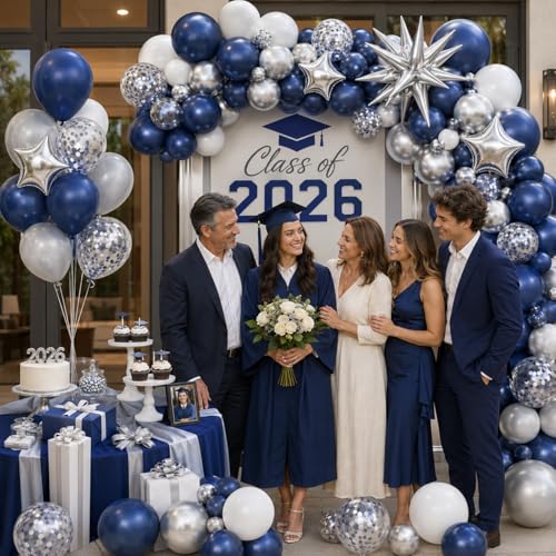 Image of Blue Silver Balloon Garland Arch Kit, Navy Blue White Balloon Arch Kit, Metallic Silver Confetti Balloons Star Foil Balloons for Graduation Father's Day Dad Birthday Wedding Baby Shower Party Decor