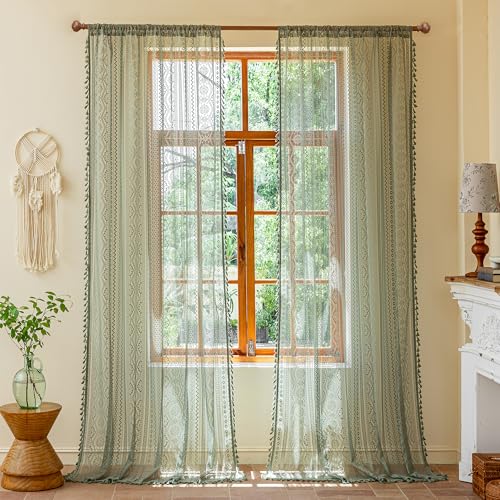 Image of MYSKY HOME Boho Lace Sheer Curtains with Tassel 96 Inch Long 2 Panels Vintage Floral Bohemian Crochet Geometry Light Filtering Privacy Rod Pocket Drapes for Living /Dining Room, 55 inch W, Sage Green