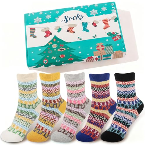 GTOBES Womens Thermal Socks Multipack 5 Pairs - Thick Cosy Chirstmas Socks for Women - Warm Nordic Sock Xmas Gift for Ladies - Perfect Christmas Presents for Mum Wife Sister Teenage Girl