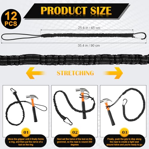 12 pack tool lanyard with single metal buckle and adjustable loop end standard length maximum weight limit 8kg 176lb with aluminum screw lock retractable shock cord stopper black