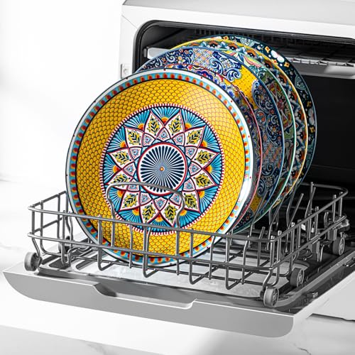 HENXFEN LEAD Dinner Plates Porcelain, 27 cm Salad Plates Coloured Breakfast Plates, 6 Piece Large Round Plate Set with Pattern and Colourful - Bohemian Style - Image 7