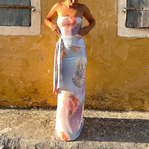 Image of Women Floral Strapless Maxi Dress Y2K Bodycon Tube Long Dresses Sexy Party Formal Cocktail Beach Slit Dress