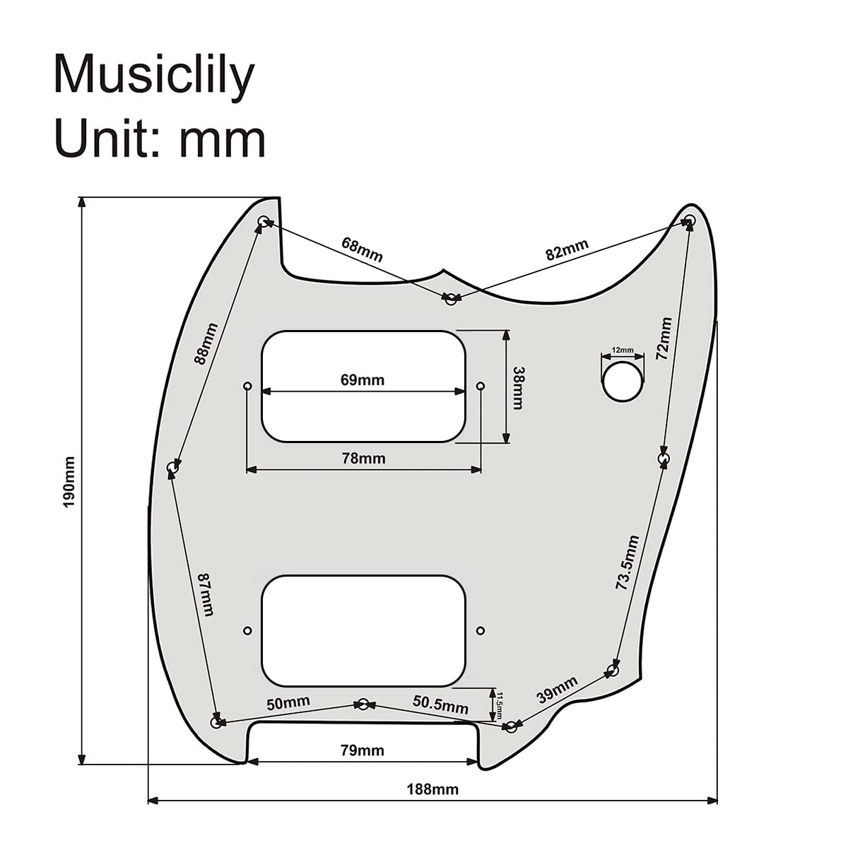 Musiclily Pro 9 Otworów Zaokrąglony Róg HH Pickguard 2 Humbucker Maskownica do Gitary Elektrycznej Squier Bullet Series Mustang, 3 warstwowy Biały | Okrągły narożnik, do gitary elektrycznej Squier Bullet Series Mustang
