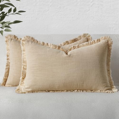 Image of MIULEE Decorative Lumbar Throw Pillow Covers Neutral Linen Fringe Throw Pillows Set of 2 Beige Boho Farmhouse Cushion Covers with Tassels for Couch Sofa Bed Living Room Spring Home Decor 12x20 Inch