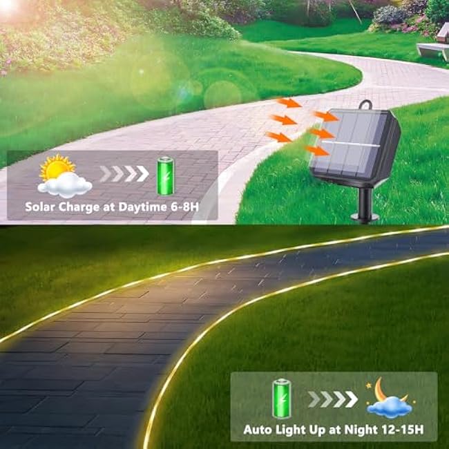 Solar Rope Lights, 66ft 200LED Solar String Lights, 8 Modes Waterproof Solar Powered Outdoor Light, Flexible Clear Tube Light for Garden, Backyard, Patio, Deck, Porch, Pool, Tree Decor - Warm White