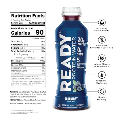 Image of Ready Clear Protein Water, Blueberry, 20g Whey Protein Isolate, 12 Pack | 0 sugar, Low-calorie sports drink with electrolytes & essential amino acids for hydration & recovery; 16.9 fl oz