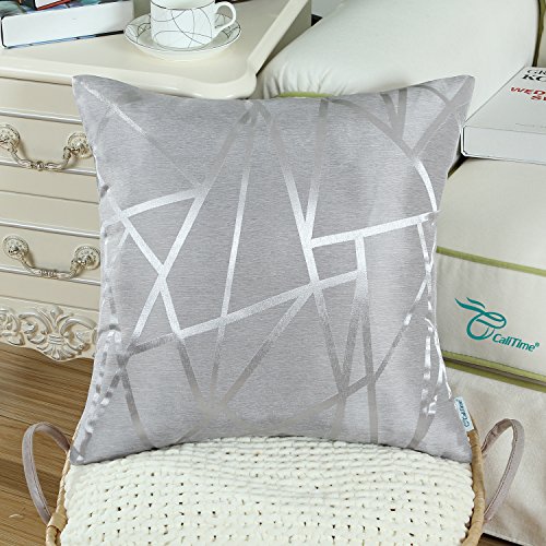 Calitime DSC0357G40-DOUBLE Pack Of 2 Throw Pillow Covers Cases For Couch Sofa Home Decor Modern Shining & Dull Contrast Triangles Abstract Lines Geometric 16 X 16 Inches Silver Gray thumb #2