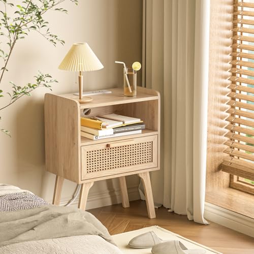 Image of Lerliuo Rattan Nightstand with Charging Station, Boho Night Stand | Handmade Natural Rattan Drawer, Cane Accent Side End Tables with Solid Wood Legs for Bedroom, Dorm, Small Spaces