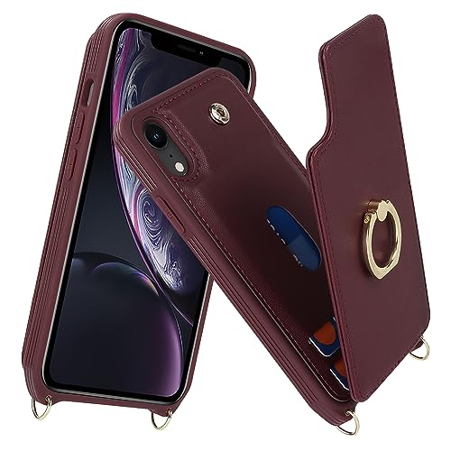 Image of for iPhone XR Case with Card Holder and Strap for Women,Crossbody Lanyard,RFID Blocking,Kickstand Ring Stand,Snap Clasp,Phone Wallet Cases 6.1 inch(Wine Red)