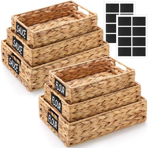 Reallnaive Set of 6 Water Hyacinth Pantry Storage Baskets Wicker Storage Baskets Woven Organizers with Chalkboard Label for Organizing Shelves, Bedroom, Living Room (Large, Medium, and Small)