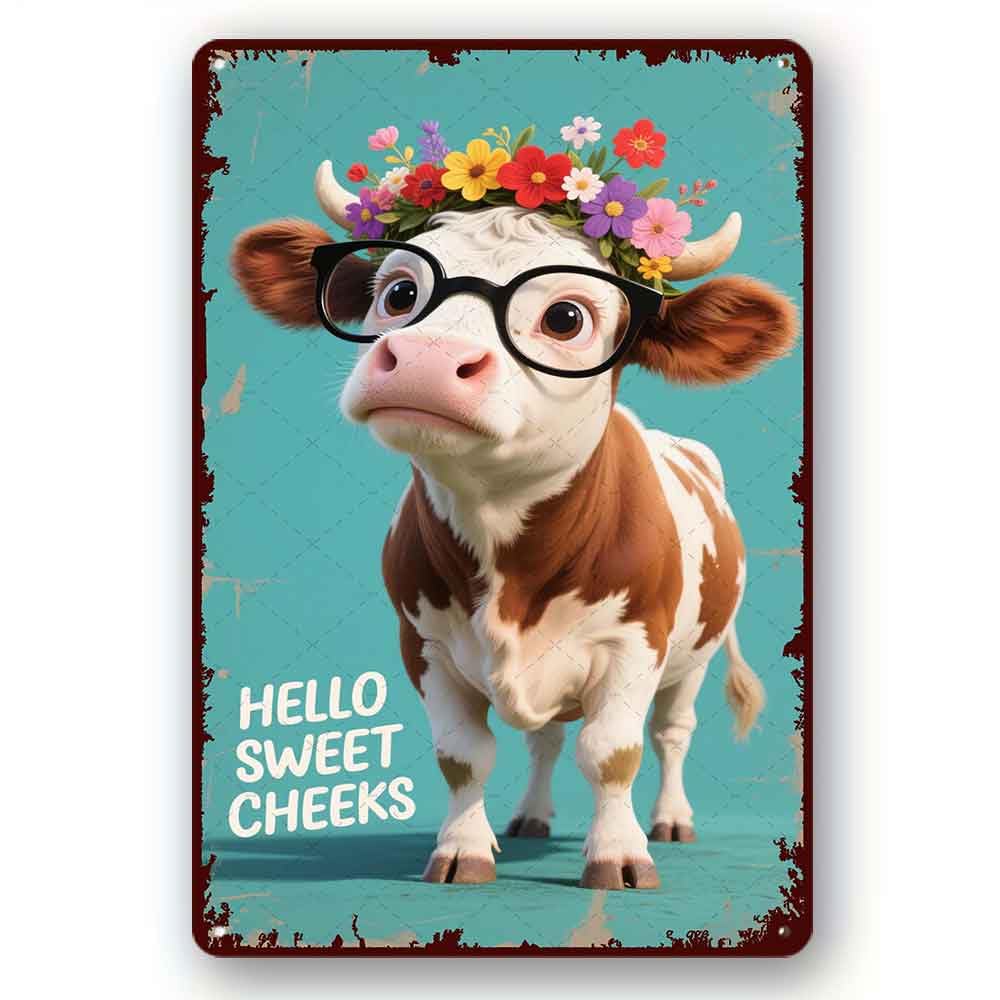 peiyeety Funny Metal Tin Sign Hello Sweet Cheeks Cow Vintage Metal Sign For Home Outdoor Indoor Office Bar Yard Decor 8x12 Inch