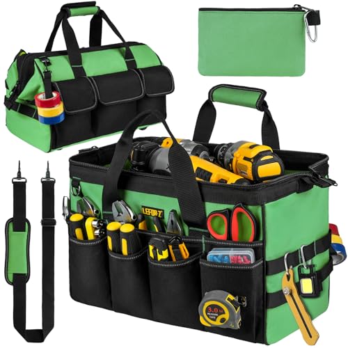 Tool Bag,16-Inch Tool Bags Heavy Duty for Men,Large Wide Mouth Toolbag with Shoulder Strap,27 Pockets Tools Storage Box,Tote Carrying Case for Dad,Electrician,Carpenter,Engineers,Black Green(Bag Only)
