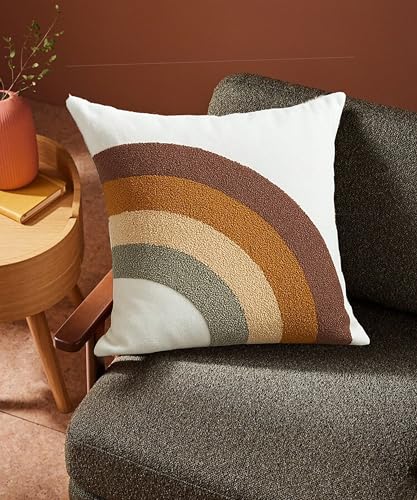 Image of Tarantaran Tufted Decorative Throw Pillow Cover, Blue and White Geometric Pattern with Tassels, 40.6 x 40.6 cm, Modern Square Pack of 2 (Brown Rainbow)