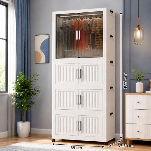 Image of YASONIC Plastic Wardrobe for Kids Clothes - Standing Desk Premium Comfort Foldable Wardrobes for Clothes, Cupboard for Storage Large for Men and Women (Off White, 4 Door)