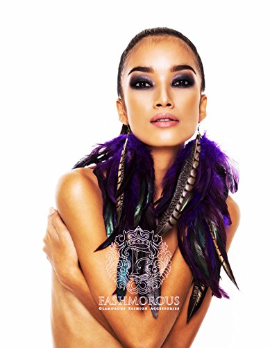 FASHMOROUS Dangle Earrings for Women, Long Hook Earrings with Plum Feathers, Boho Statement Jewelry