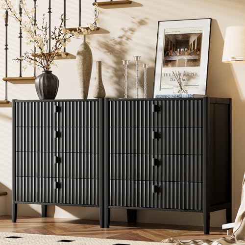Image of Furniway Black 4 Drawer Dresser, 31.5 inch Wide Modern Chest of Drawers with Fluted Front and Metal Handles, Storage Dresser for Bedroom, Living Room, or Entryway
