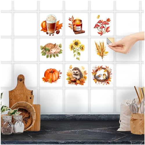 FoLIESEN Fliesenaufkleber für Bad, Küche, Badezimmer - Fliesen-Folie selbstklebend - Deko-Aufkleber- Herbst-Collage, .:15x15 cm - 9-tlg.