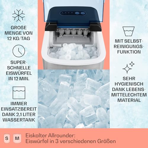 Foto von Klarstein On-The-Rocks - Eismaschine, Eiswürfelbereiter, Eiswürfelmaschine, 12 kg / 24 h, 120W, 2 Würfelgrößen, 6-12 min, 2,1 Liter Wassertank, Selbstreinigungsprogramm, Edelstahl, schwarz