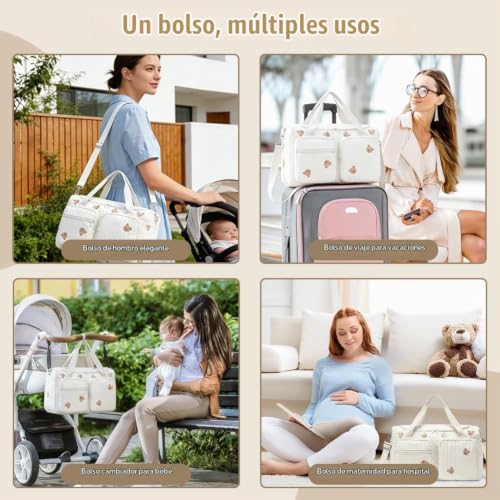Miniatura 7 de Aucuu Bolsa Cambiadora De Pañales Para Bebé, Bordada Bolsa De Pañales Para Bebés, Bolso Carro Bebe Para Mamá Y Papá, Gran Capacidad Algodón Bolsa Materna Bolso Cambiador Ligera Bolsa De Viaje