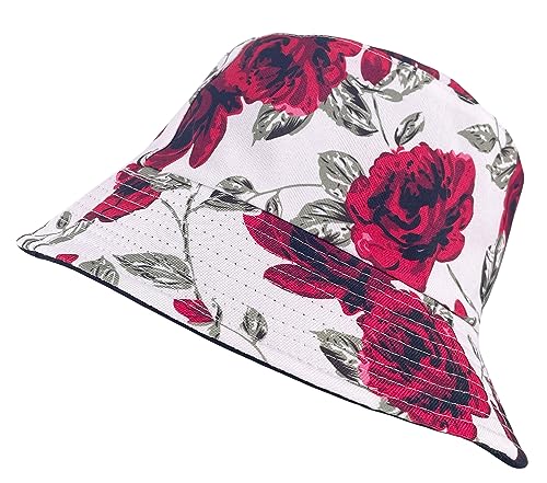 TDTRADD Unisex Fischerhut, wendbar, für Festivals, lebendige Fischermütze, Sonne, Baumwolle, für Herren und Damen, Rote Rosenpflanze – Weiß, One size