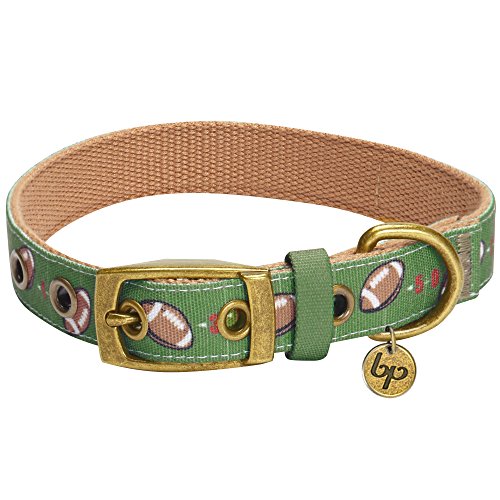 Blueberry Pet Sports Fan Football Canvas Adjustable Dog Collar with Metal Buckle - Olive Green, Neck 17-20.5', for Large Breed
