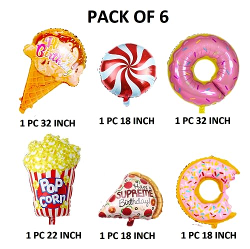 Image of Aluminium 6 pcs Food Theme Birthday Decorations Pizza Candy Burger & Donut Balloons for Birthday Donut Birthday Decorations Items (Pack of 6, Multicolor)
