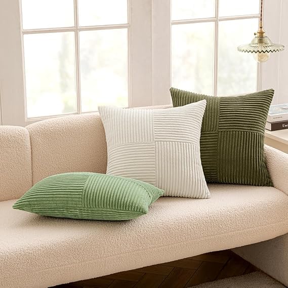 Image of Guffaw Corduroy Pillow Covers Boho Decorative Spliced Throw Pillow Covers Soft Solid Couch Pillowcases Cross Patchwork Cushion Covers for Living Room Bed Sofa 16x16 inch (1, White)