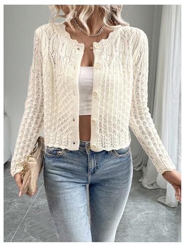 Image of GORGLITTER Women's Button Up Cropped Cardigan Fall Sweaters Lightweight Open Front Cute Long Sleeve Crochet Knit Tops