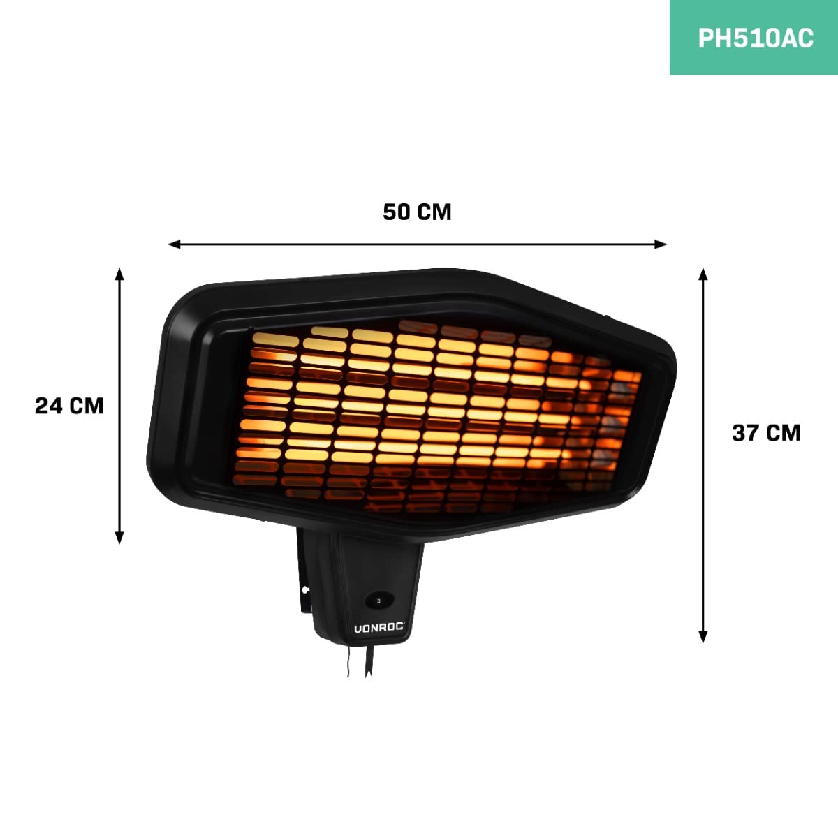 Calefactor de Infrarrojos VONROC Amiata 2200W – 3 Niveles de Calor, Montaje en Pared, IP34 Resistente a Salpicaduras, Rápido Calentamiento en 20s, Ideal para Terrazas y Porches