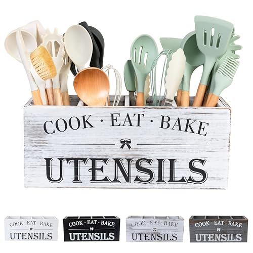 Utensil Holder,Extra Large Wooden Utensil Holder For Kitchen Counter,Cooking Spatula Organizer,Big Storage Caddy With 4 Compartments Flatware Spoon Tool Cutlery(Retro White)