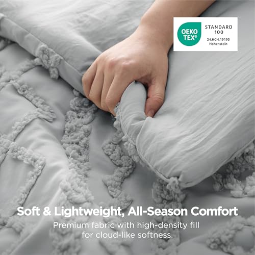 Image of Bedsure Tufted Boho Comforter Set Oversized Queen - Light Gray Boho Bed Set, GentleSoft 3 Pieces Farmhouse-Style Embroidery Bedding, Gifts for Woman, Soft Jacquard Kids' Comforter for All Seasons
