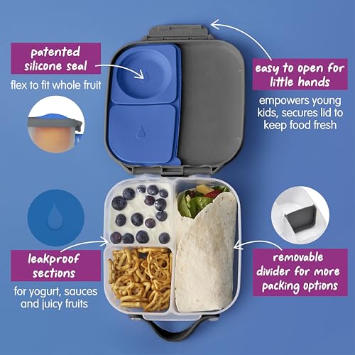 Image of b.box Mini Lunch Box Kids | 4.25 Cup Leak Proof Bento Box for Kids Ages 3+ | 3 Compartment Snack Containers, School Lunch Container, Dishwasher Safe, BPA-Free, PFAS-Free - Blue Slate