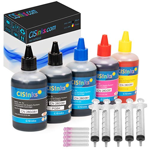 CIS Inks Refill Ink Bottle Set Compatible for PGI-280 / CLI-281 Printers PIXMA TS9520 TR8520 TR7520 TS6120 + Refill Tool Kits Blunt Injectors