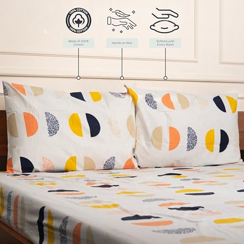 Image of Amazon Brand - Umi Cotton Fitted Bedsheet, Queen Size 78x60 Inches, Elastic Fit Bed Sheet, 10 Inch Deep Pocket, Soft Breathable Bedding, Durable Easy Care, with Pillow Cover-Geo Sunset